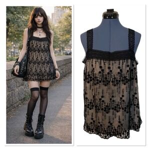 Womens Sleeveless Black Embroidered Sheer Lace Overlay Top Whimsigoth Y2K XL